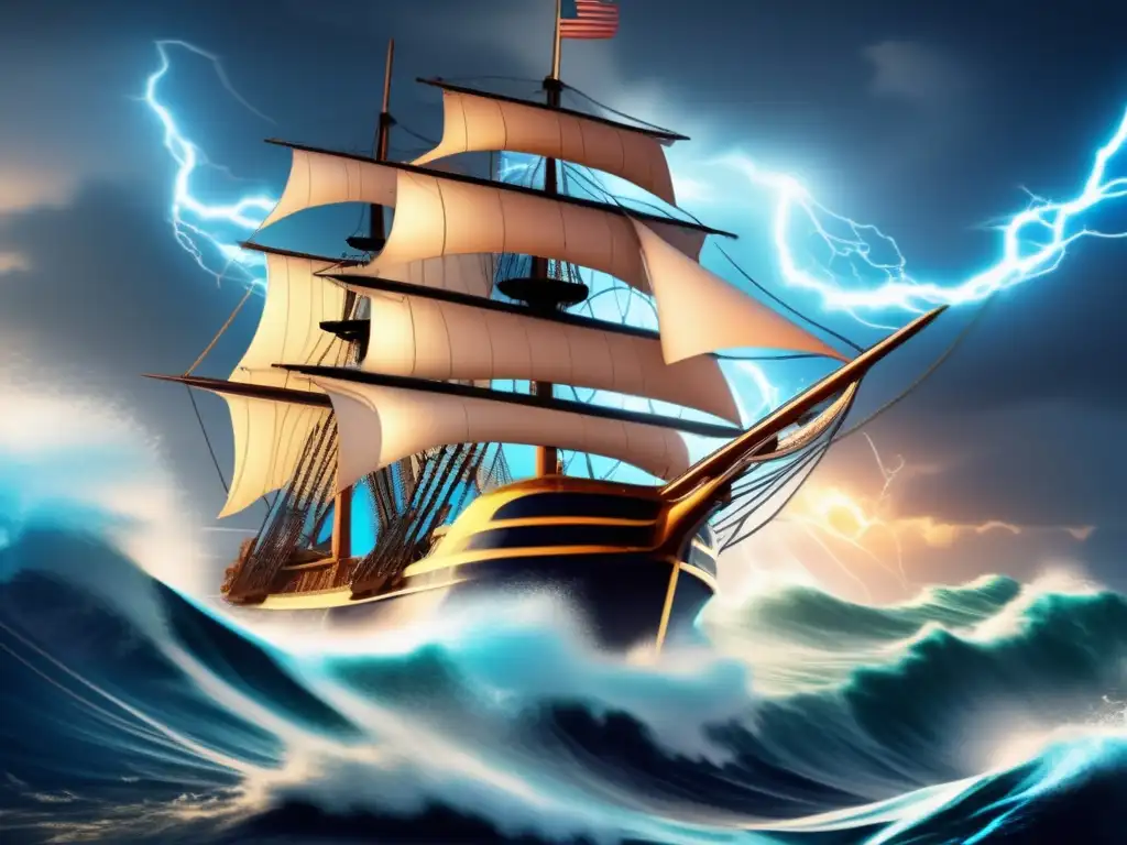 A sailing ship braves a hurricane's wrath as it navigates through perilous waves with the help of advanced navigational technology