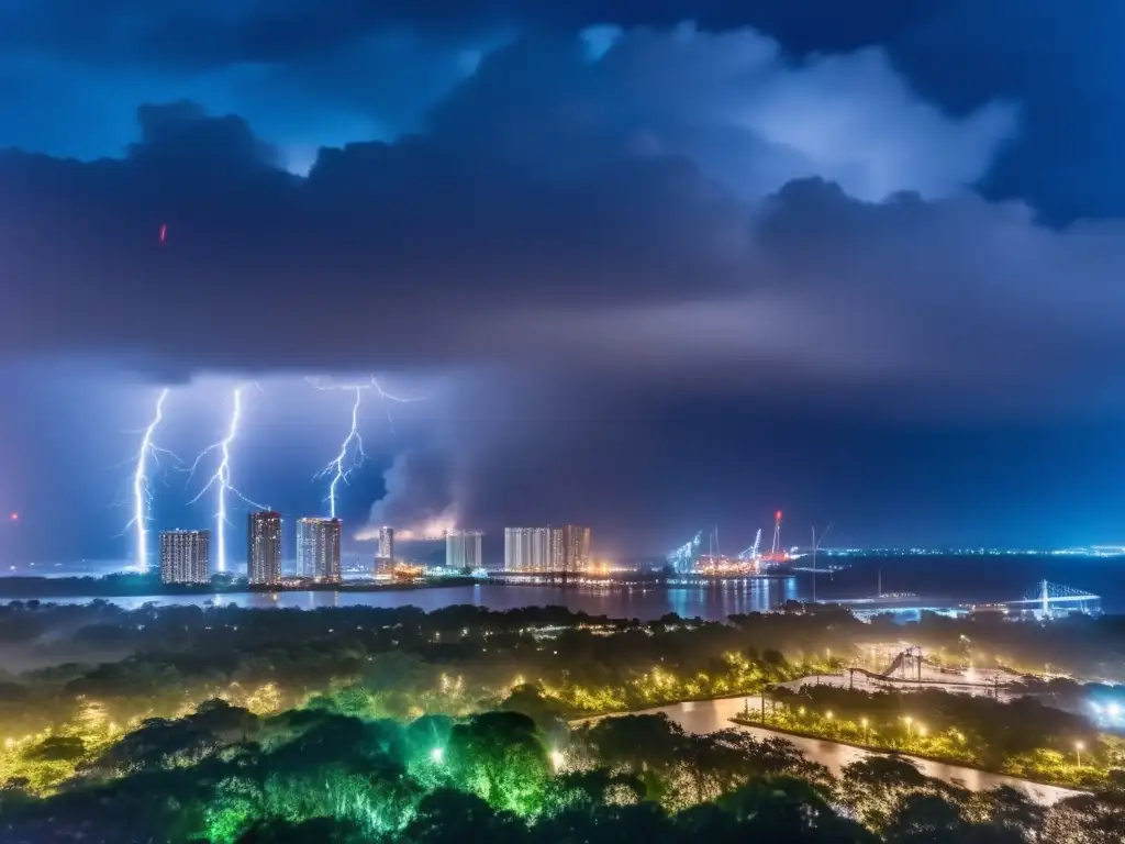 A harrowing aerial shot of the hurricanestruck area at night, with torrential rain and wind, trees swaying violently, and a city struggling below