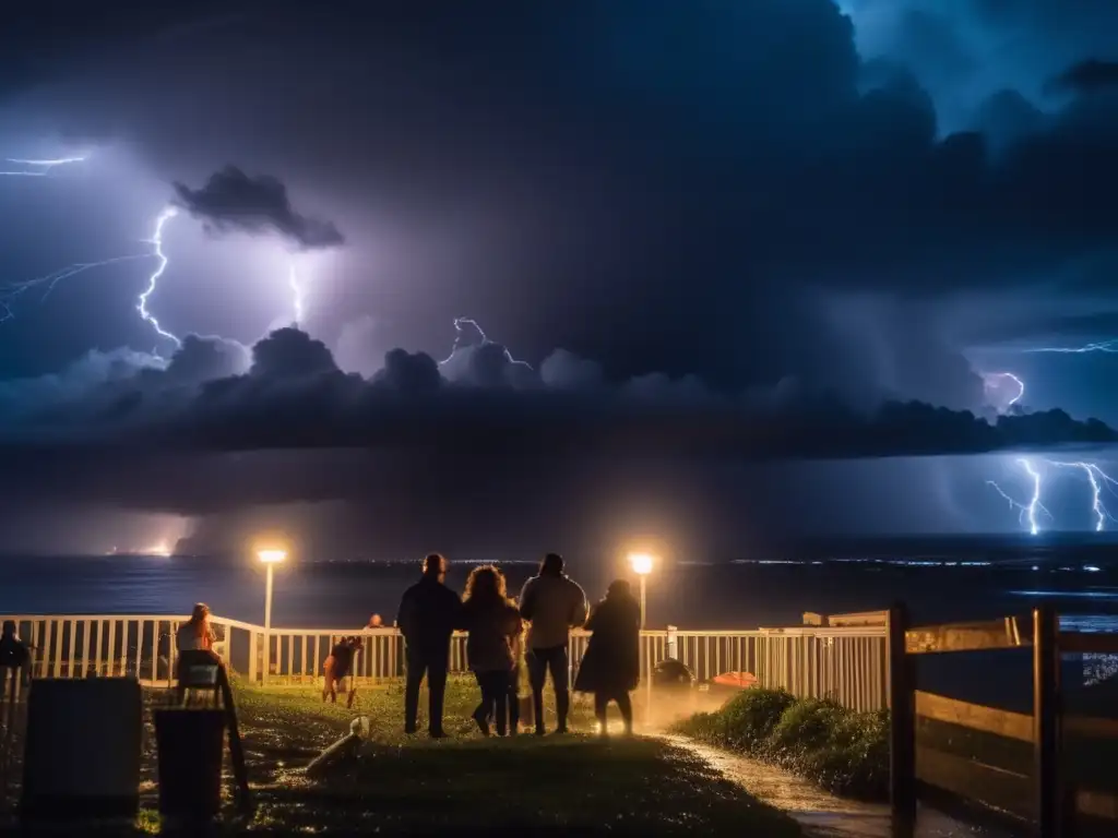 A breathtaking night scene during a hurricane, with the flickering power grid lights in the background