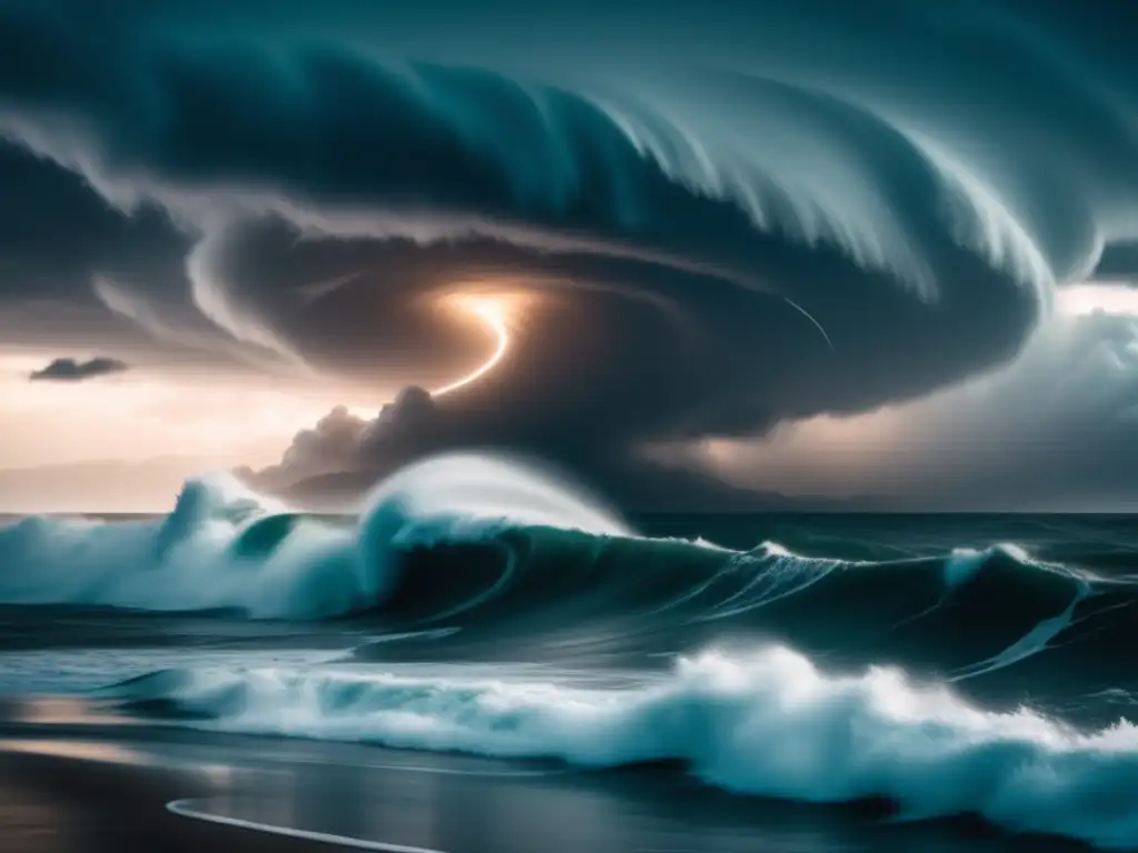 An 8k image of a fierce hurricane tearing apart an ocean, with powerful waves crashing against the shoreline in the background