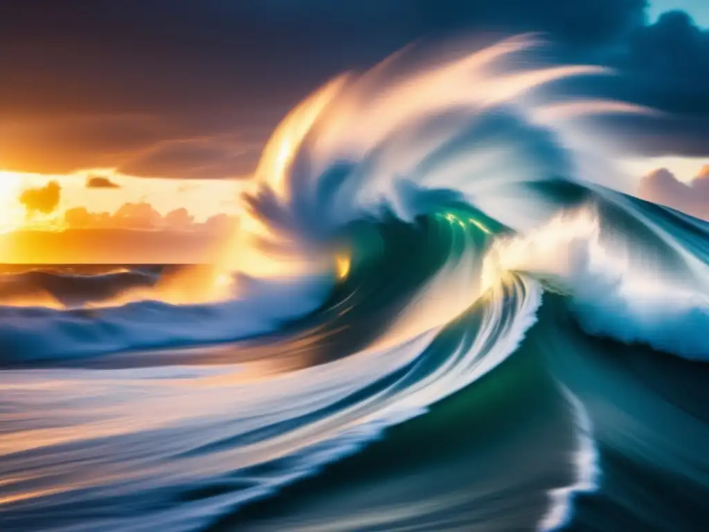 A cinematic-style photograph captures a hurricane swirling over the ocean, with the sun rising behind it and waves crashing against the shore