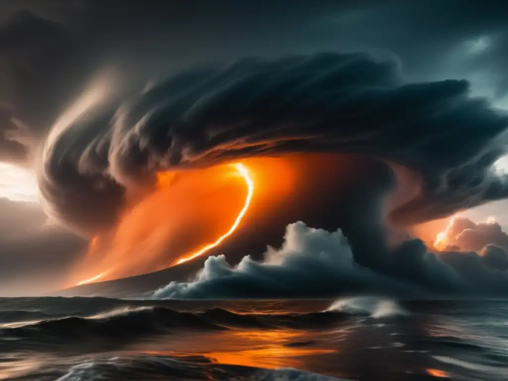 Depicts a cinematic scene of a hurricane, boasting dark, stormy clouds swirling around an orange ocean, eliciting an eerie atmosphere