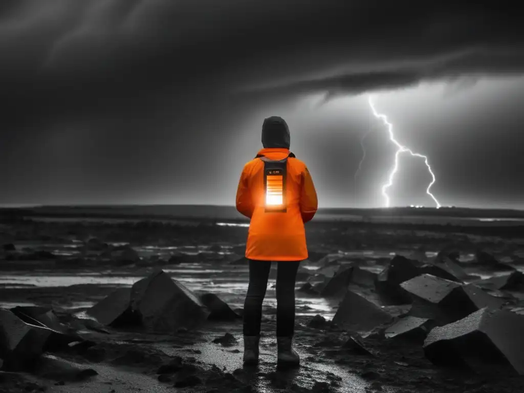 A person stands bravely in the eye of the hurricane, holding a glowing personal locator beacon against an orange sky