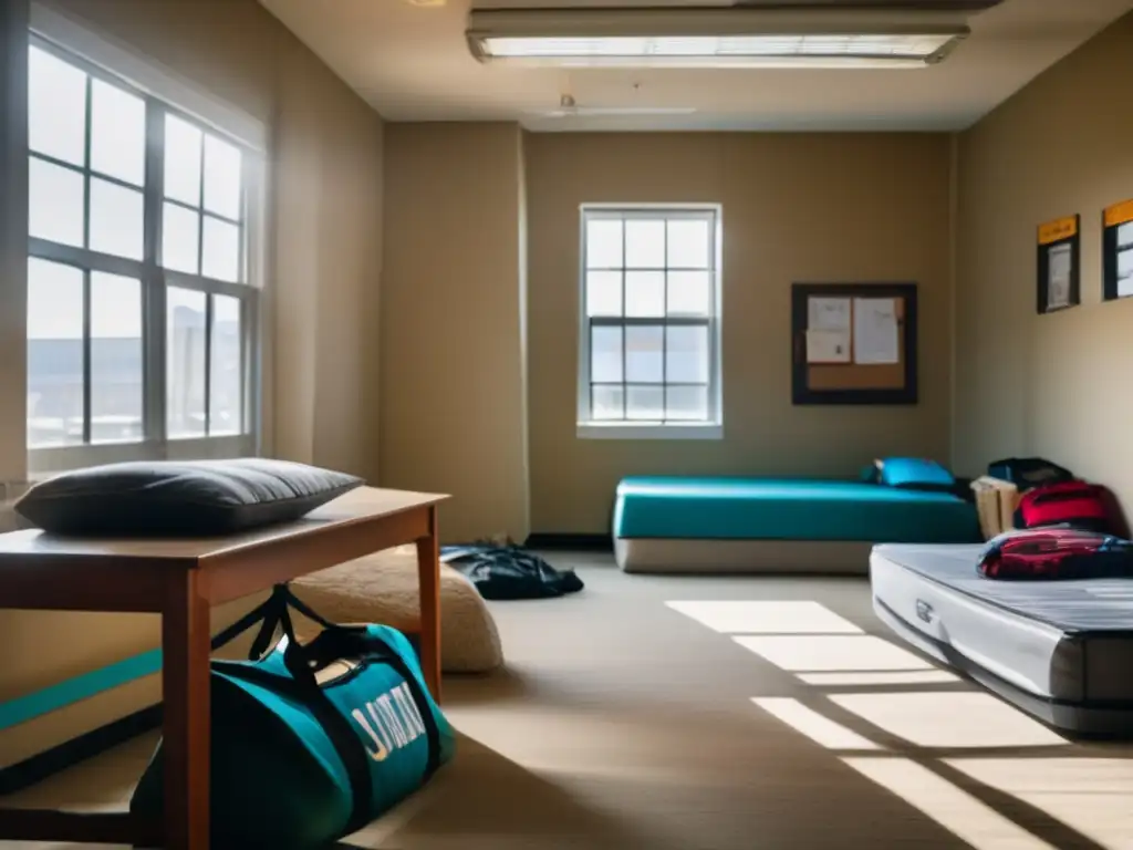 A shot of a moody, minimalist dorm room bathed in natural light