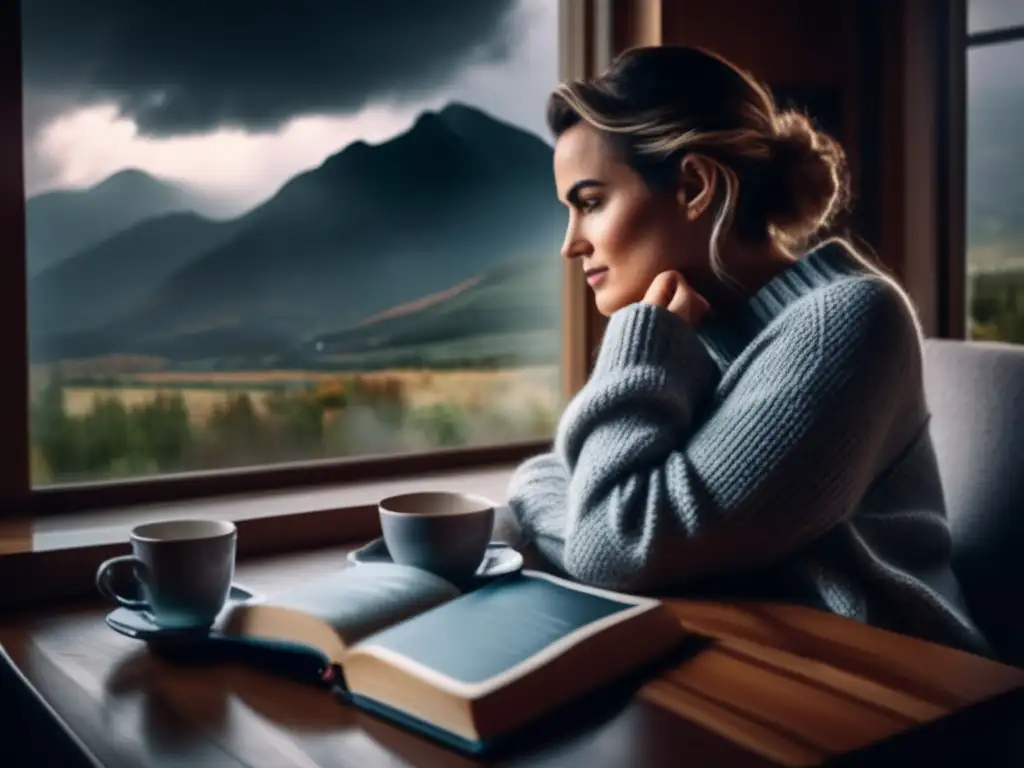 A woman braces for a storm in her cozy home office, holding a book about hurricane preparedness while wearing a comforting knitted sweater