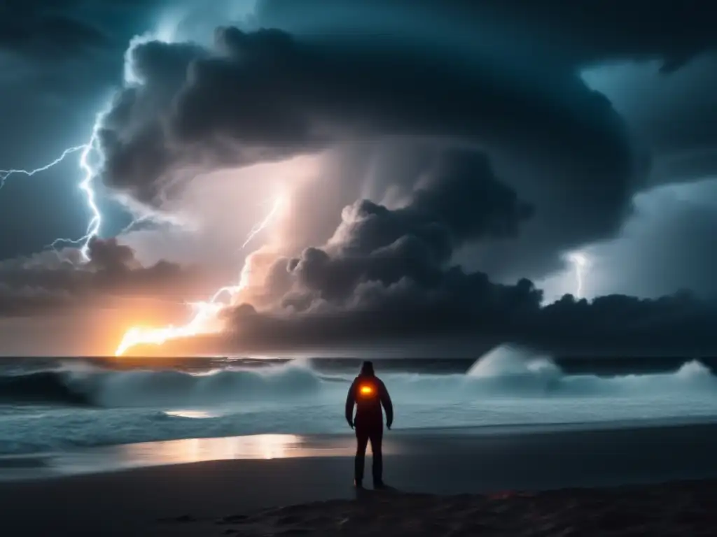 A cinematic image of a hurricane raging towards the shore with a lone figure in the foreground, holding an emergency flare