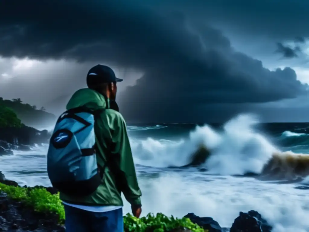 A determined person braves the storm: A compelling image of a person standing on a rocky beach with a category 5 hurricane approaching in the distance