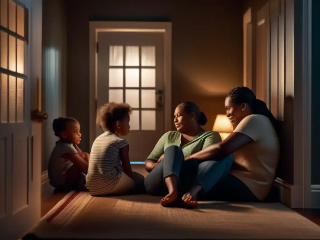 A family huddles together in a dimly lit room, shielded by locked doors and shadows, as the hurricane rages intensely outside