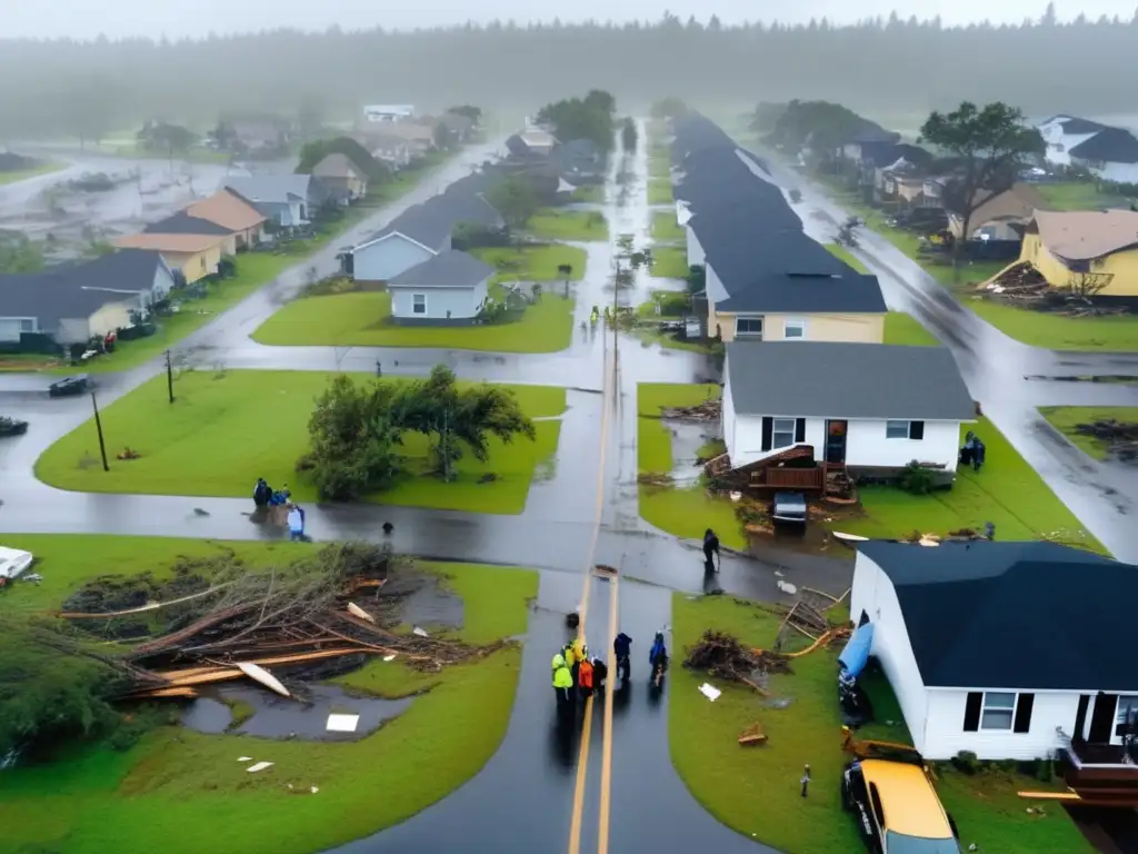 Devastation looms over the town in this aerial shot, as somberly-dressed people walk the desolate streets