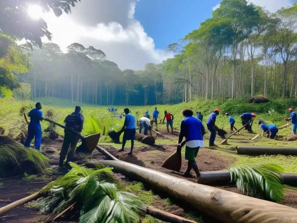 A group of dedicated individuals tirelessly work to restore a lush green forest after a devastating hurricane