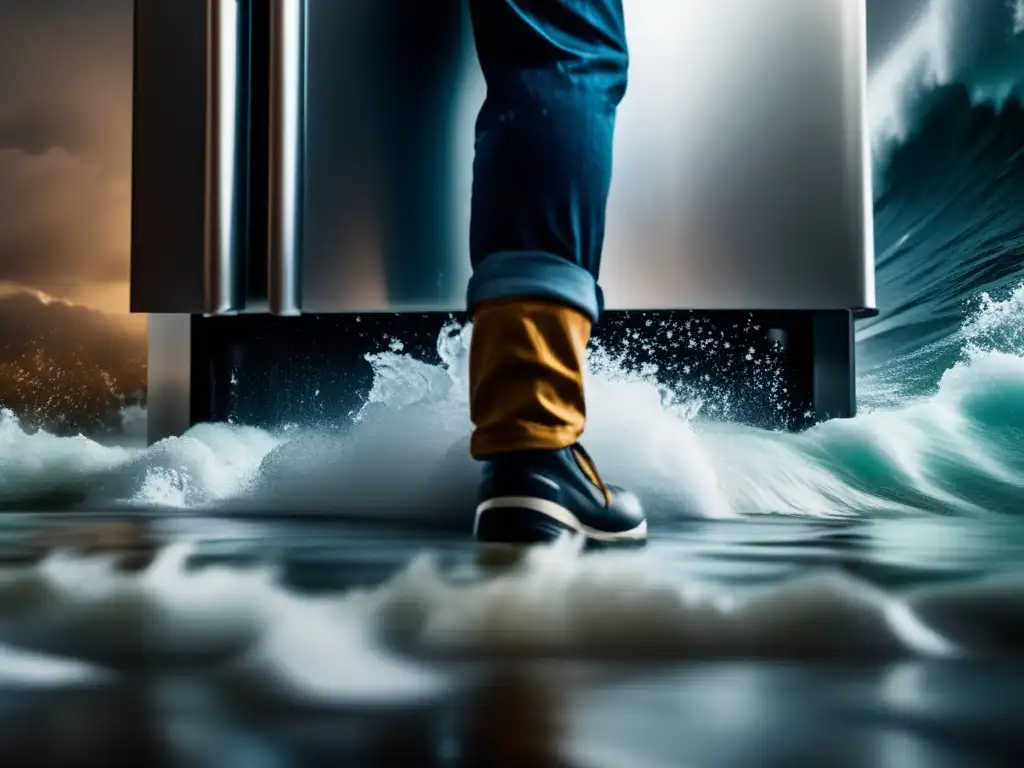 A powerful hurricane rages around a refrigerator, as the door slams shut with water rushing in from behind