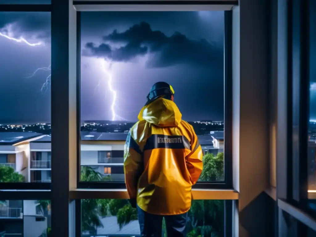 With disaster relief gear, a person in safety jacket surveys apartment complex from stormy window, lightning bolts illuminating poured raindrops in the background during hurricane