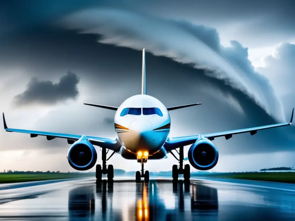 Amidst the stormy radar of hurricane season, an airliner stands strong, with wings outstretched and anchored by sturdy pillars