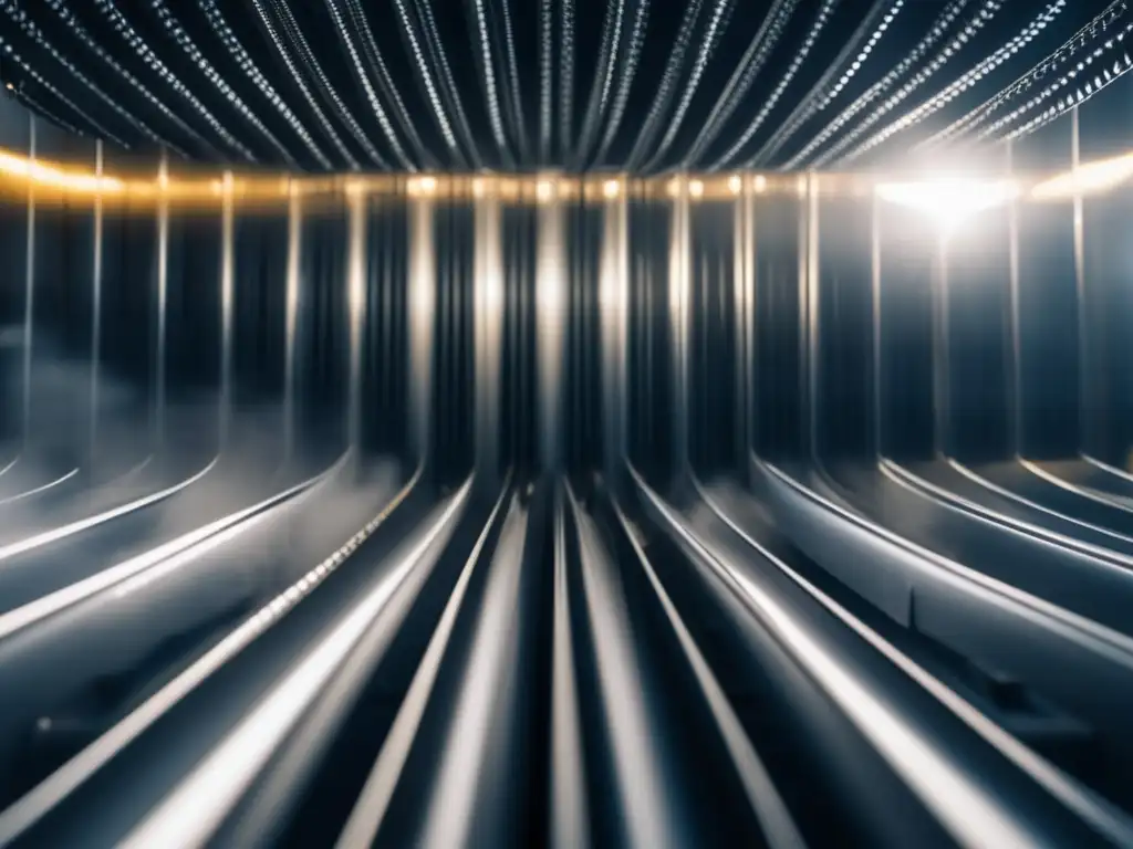 Closeup image of a highspeed, wind tunnel with large chains and metal grilles flying around it