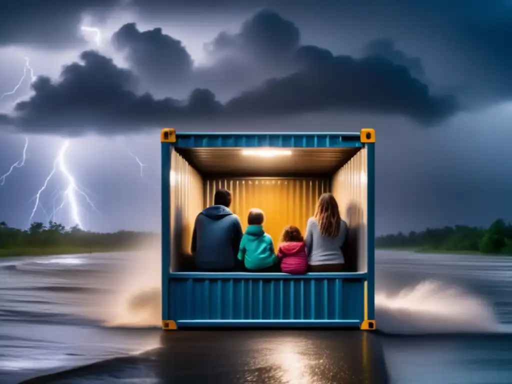 A family clings to each other in a waterproof container during a hurricane, lightning lighting up the stormy sky