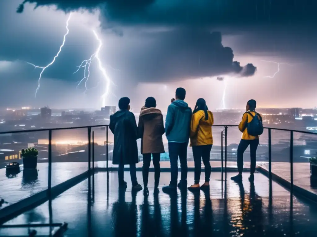 A group of determined individuals stand on top of a flooded rooftop, seeking safety amidst the chaos of the storm