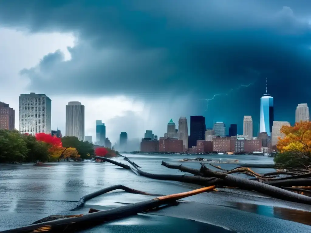 An image of Hurricane Sandy's destructive aftermath in New England, with flooded streets, toppled trees, and skyscrapers damaged