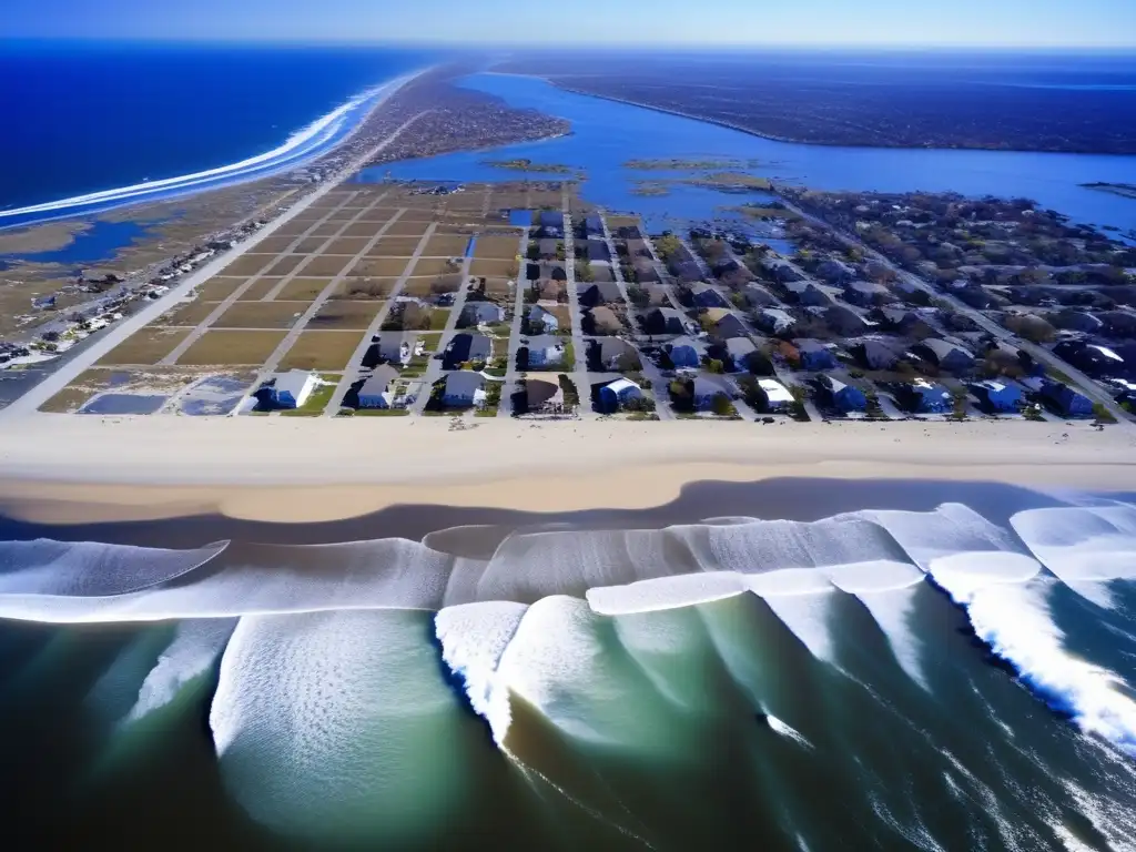 A cinematic aerial view of Hurricane Sandy's aftermath, where devastating destruction leaves buildings, bridges, and coastlines submerged in water