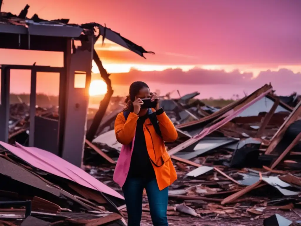 A satellite phone in a determined hand amidst hurricane debris, glowing sunset casting hope