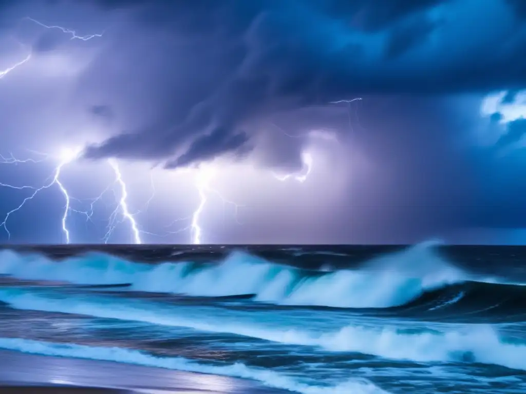 A tempestuous hurricane in full swing, with dark clouds swirling over roiling waves, lightning bolts illuminating the scene