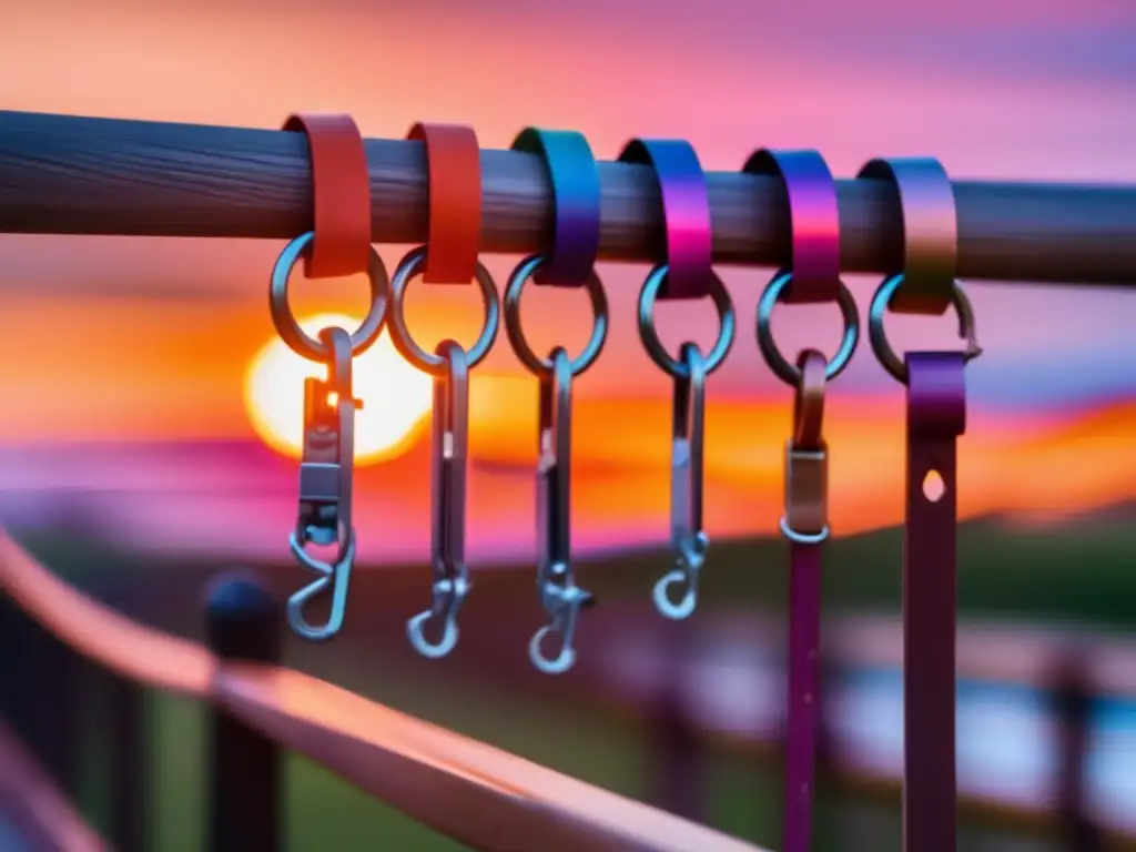 A vivid and serene image of multiple hurricane clips and straps hanging from a wooden deck, with the sun casting a warm glow in the background