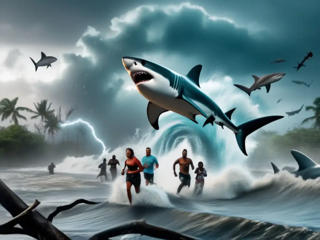 Amidst the wreckage of a hurricane, Sharknado characters swim through sharks and debris, while people run for their lives