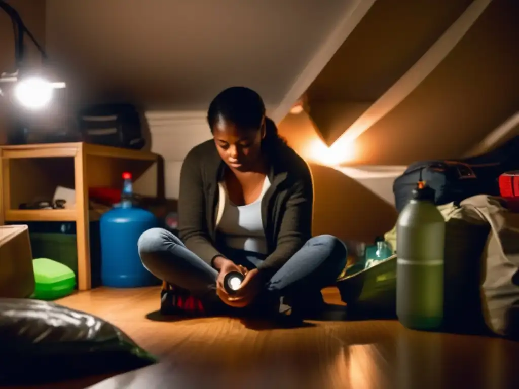 Amidst the chaos of a hurricane, a person finds solace in a small, dimly lit room, holding onto a flashlight as the winds howl outside