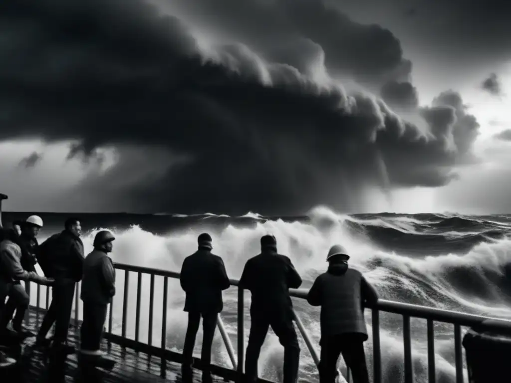 A dramatic black and white image of a ship tossed violently in a raging hurricane, with people clinging fiercely on the deck to stay afloat