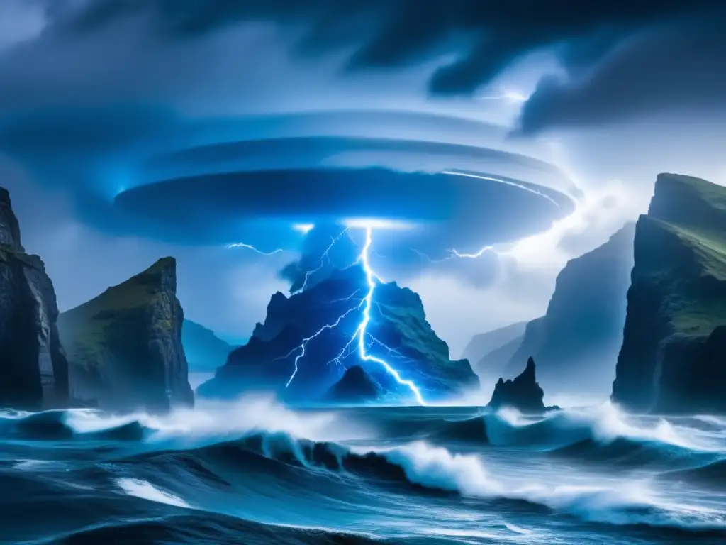 A ship is tossed around in a deep, blue sea as lightning flashes through a swirling vortex