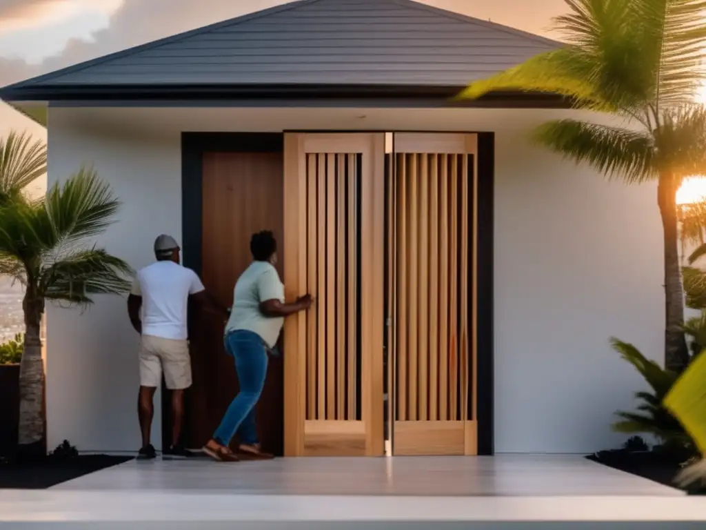 Two individuals painstakingly install hurricane shutters on a wooden door, securing it against the fierce winds of a hurricane