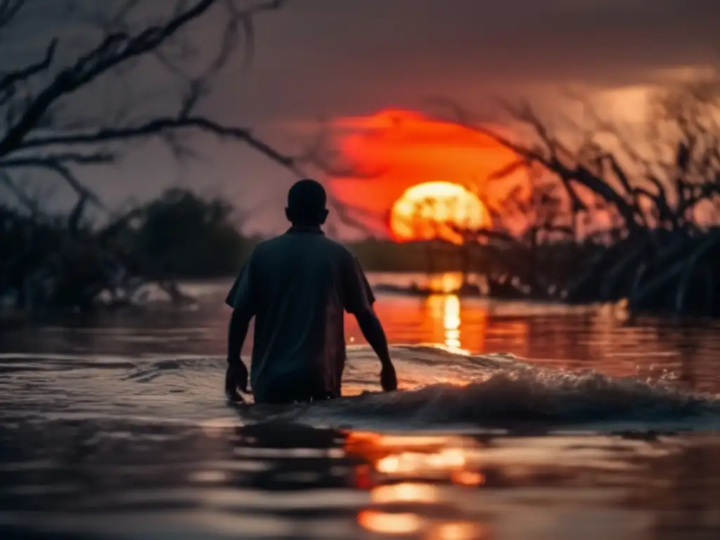 A harrowing visual of a hurricane's squall, with the setting sun casting an eerie orange glow