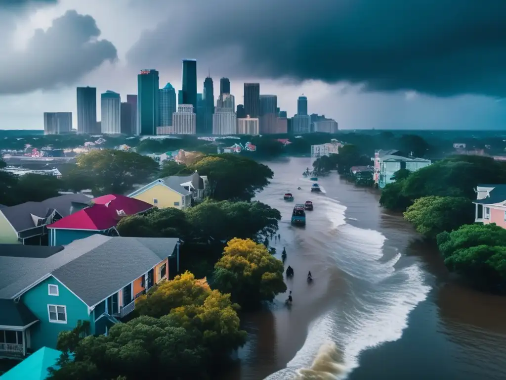 As a hurricane approaches, this cinematic aerial shot of a city skyline slowly turns dark and ominous