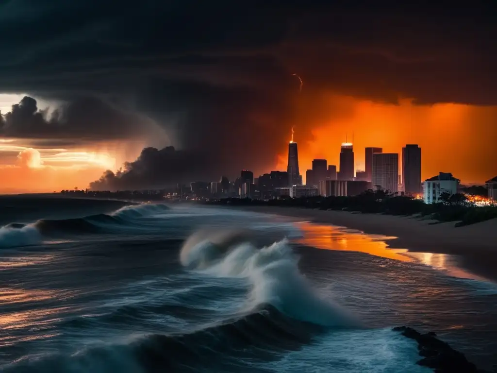 A panoramic view of a stormy cityscape, with a towering hurricane boldly approaching the shore