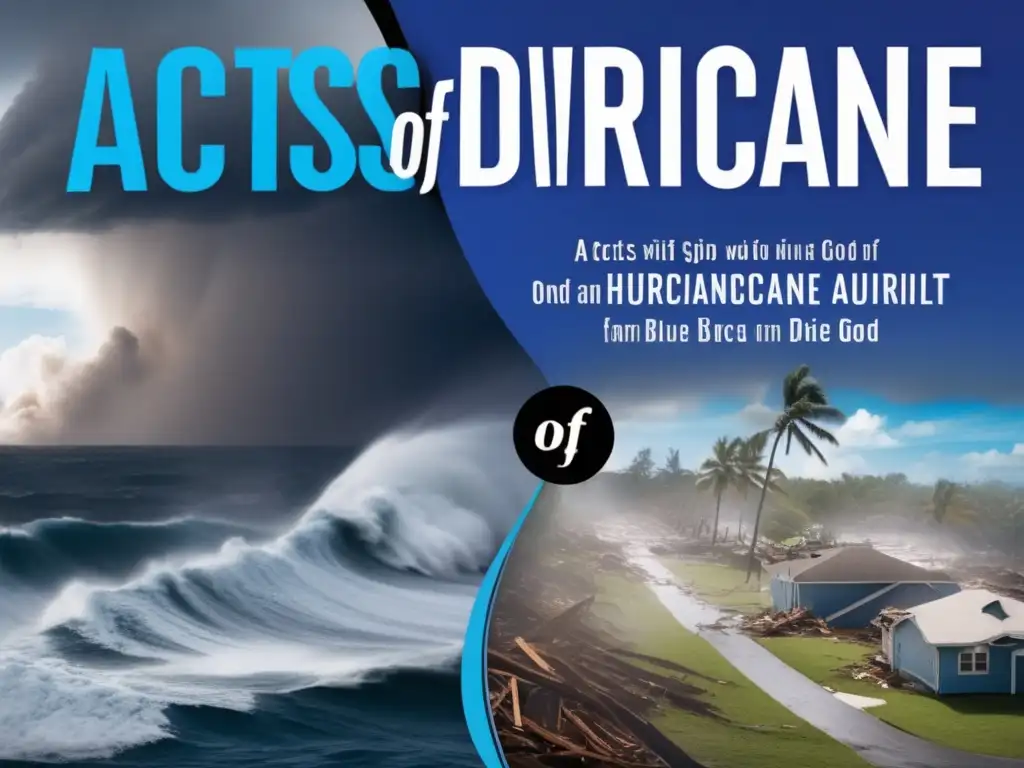 A split screen of nature's wrath: a violent hurricane ravages the ocean while wreckage and devastation by that hurricane are displayed on the other side