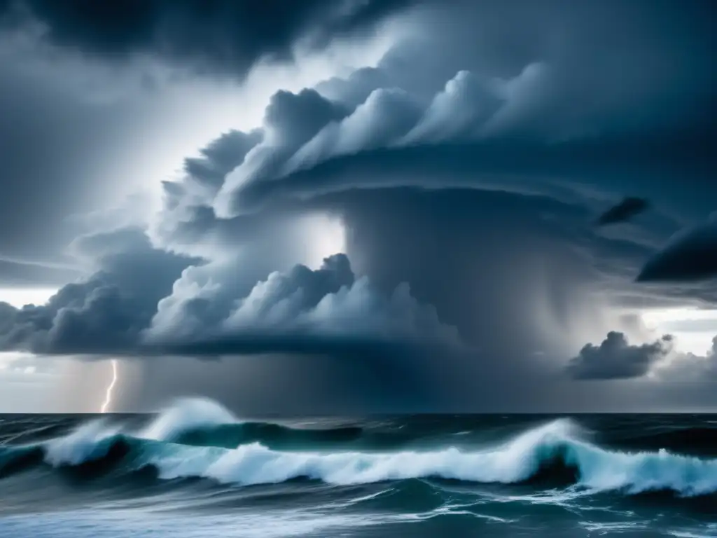 A dramatic shot of a hurricane storm brewing over the ocean, with strong winds and dark clouds swirling in forming a powerful cyclone