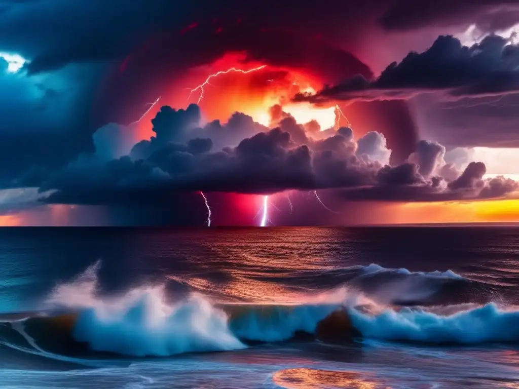 A red circular hurricane in a se pitch black sea, intensely swirling with lightning bolts and raindrops