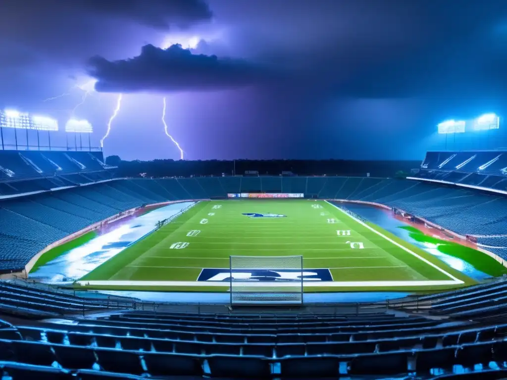 A fierce storm clouds over a flooded stadium, leaving no trace of the excitement that once filled its stands