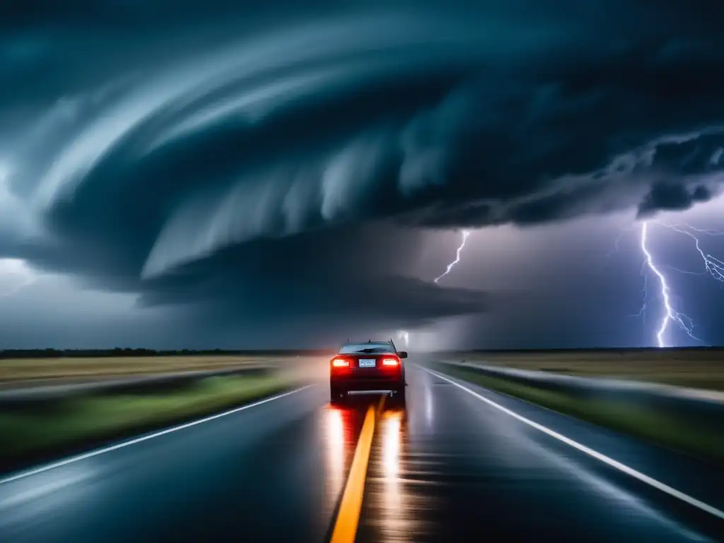 A lone vehicle drives on a road, its wheels skidding on the slick surface in a hurricane's torrential downpour