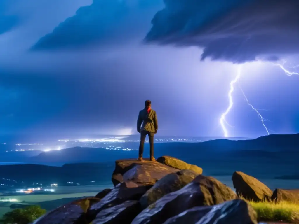 A solitary figure braves the tempest, standing tall on a rocky outcropping as lightning illuminates the dark and foreboding sky