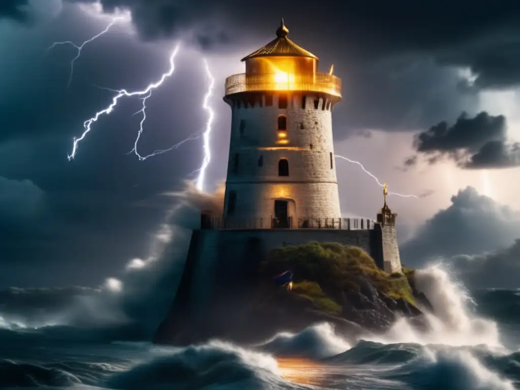 The hurricane's powerful drumming against the white tower is drowned out by the sound of thunder across the stormy sea