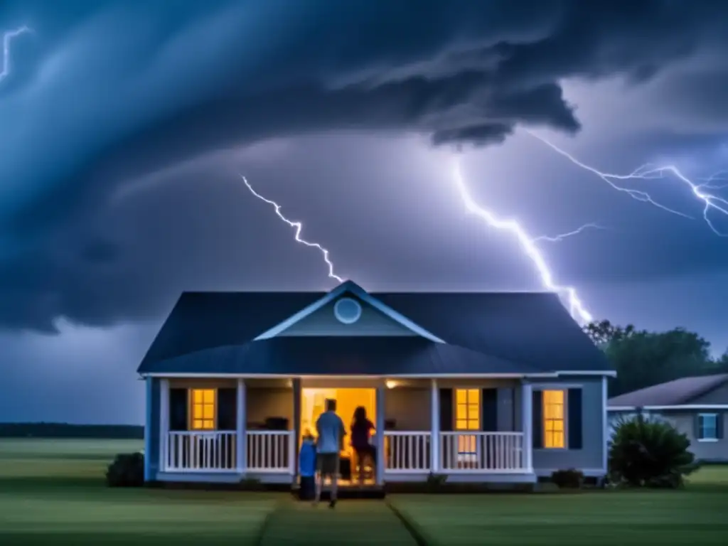 A family huddles together in their dark and dimly lit home during a hurricane, with a generator humming in the background