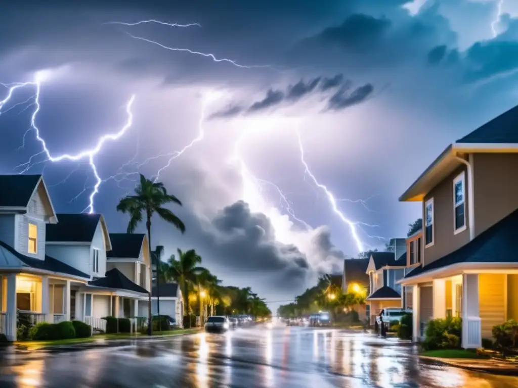 A hurricane ravages a coastal city, unleashing its fury through storm clouds, lightning, and debilitating wind