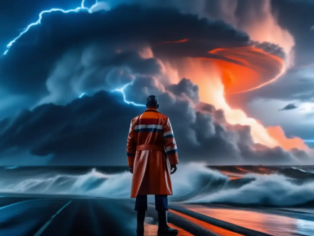 A drama-packed image of a lone figure standing amidst a storm, with rain pouring over their face and wind whipping around them