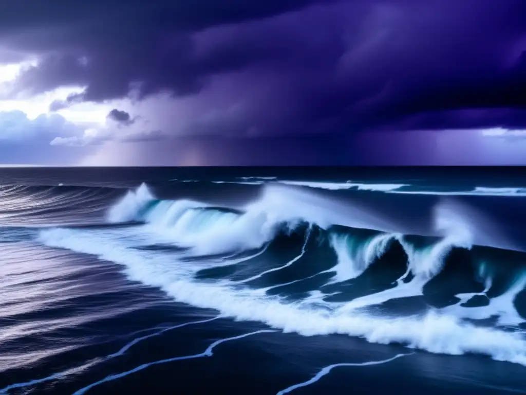 A cinematic photograph capturing the essence of a hurricane, with a vast ocean under a foreboding cloud