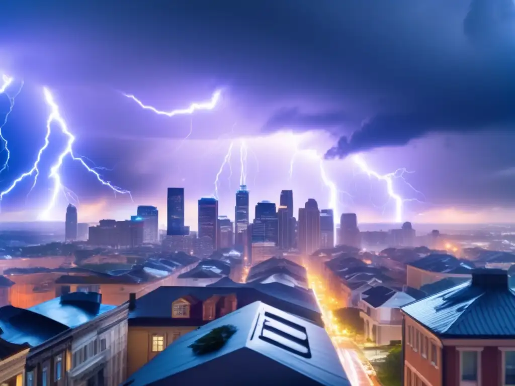 A cinematic image of a hurricane's wrath on a city, with a smartphone silhouette on top