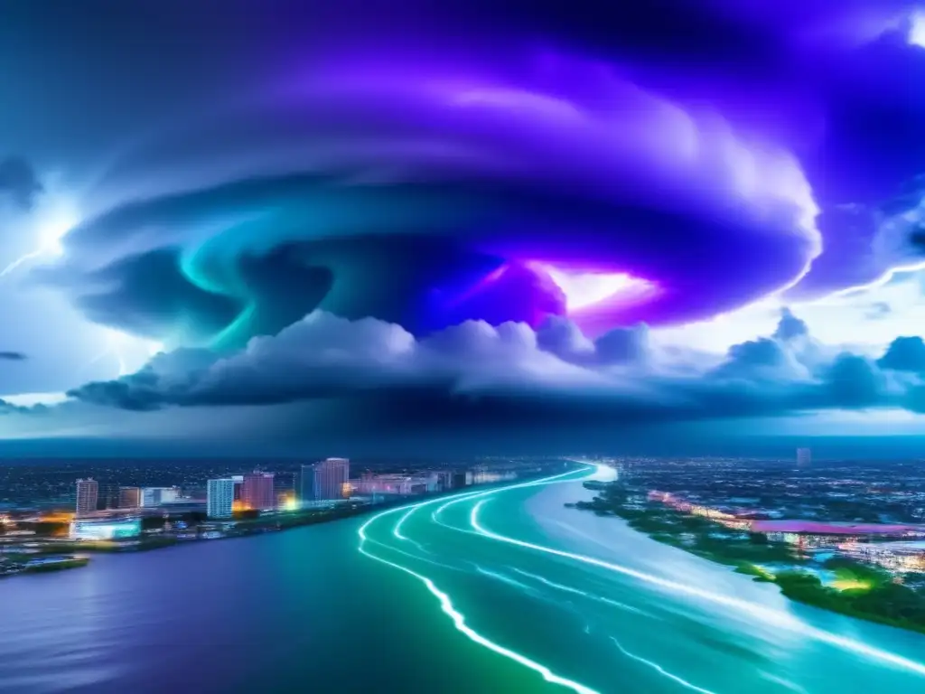 Dash: A tumultuous hurricane graphic swirls amidst a backdrop of vibrant blue and purple clouds, with a city skyline visible in the distance