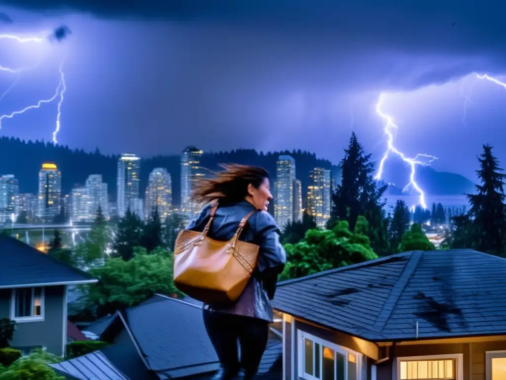 Torrential rain and fierce winds batter a woman in her forties clinging to her handbag as she braces for the worst