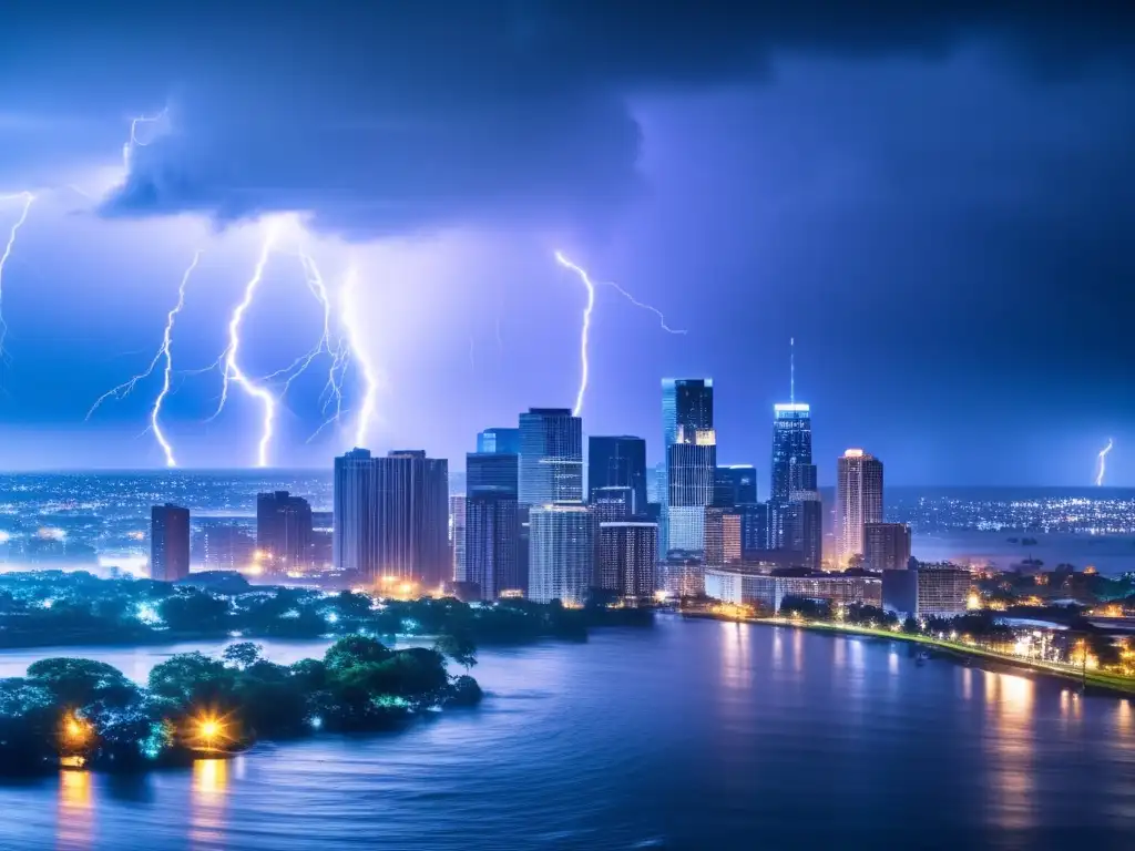 Amidst the chaos of the hurricane, city skyline looms in the foreground, illuminated by lightning strikes overhead