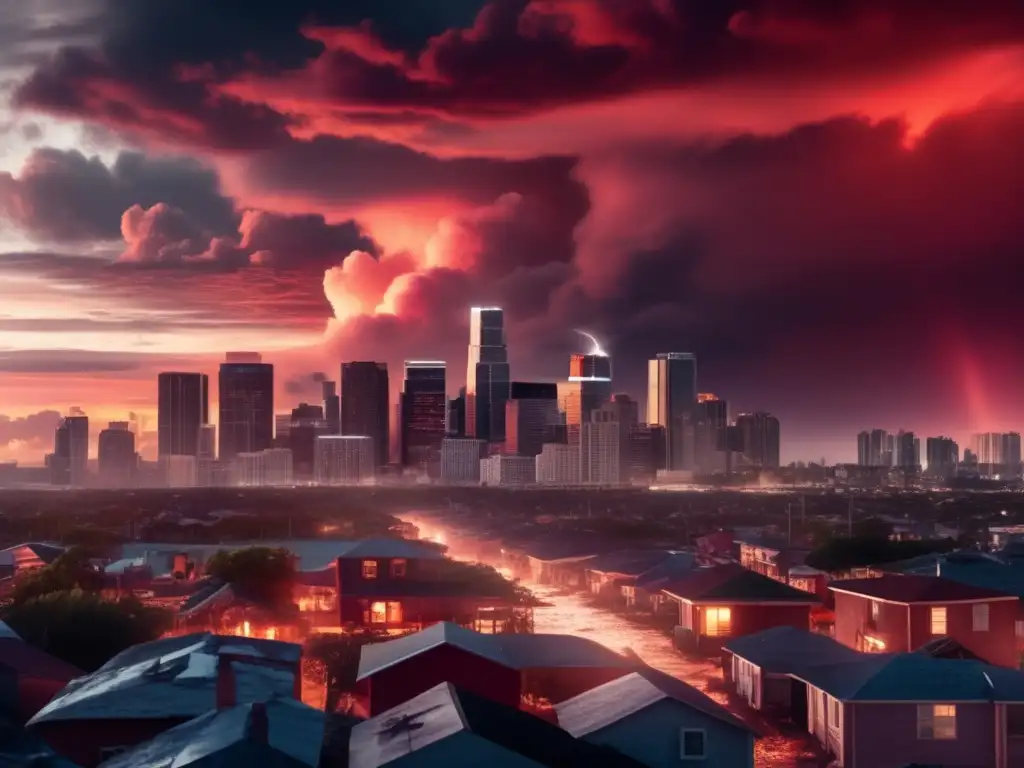 Amidst the wreckage of a distant city skyline, the remnants of buildings destroyed by a hurricane loom in the foreground