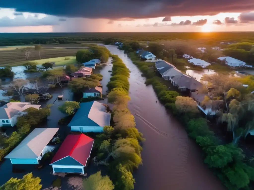 Hurricane aftermath at sunset: Building debris, destroyed trees, and flooded water in a stark contrast to the surrounding lush greenery